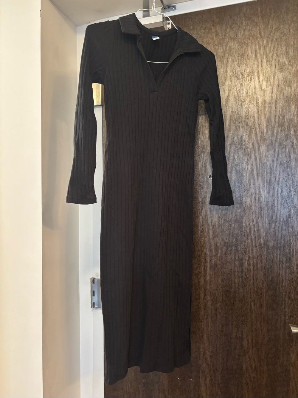 Old Navy Black Long Ribbed Knit Polo Maxi Dress